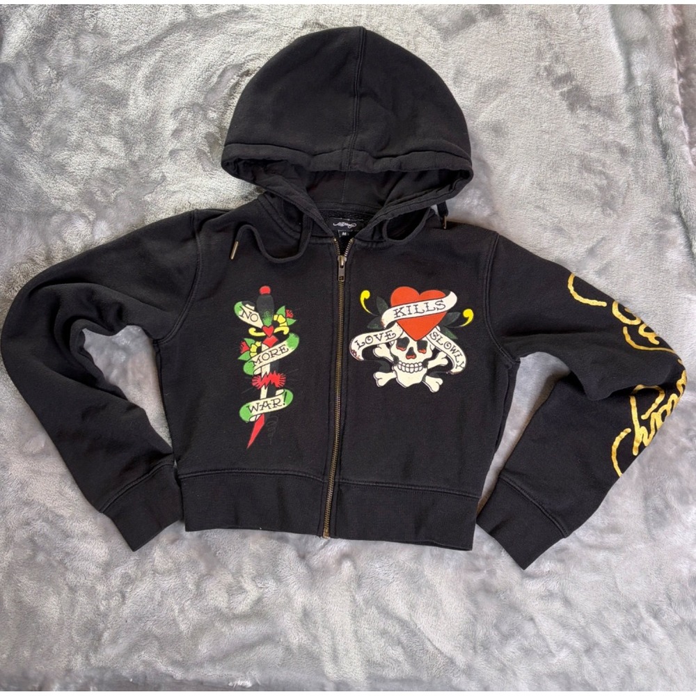 Ed Hardy NO More War! Love Kills Slowly Don Designs Hoodie Y2K Graphic M Black